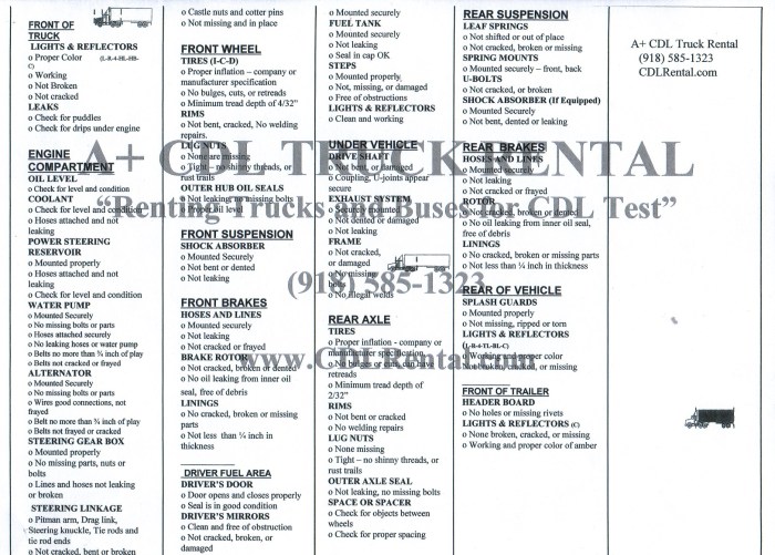 Inspection trip pre cdl checklist sheet form test vehicle bus school driver engine diagram compartment truck template date michigan route